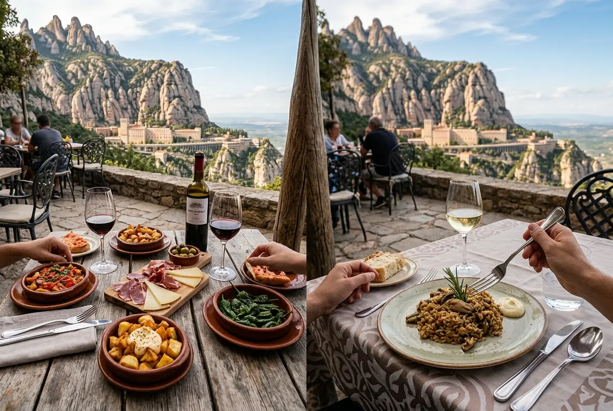 Split scene of a tapas spread beside wine glasses on one side and a plated sit-down lunch on the other, both set against Montserrat's mountain backdrop, montserrat wine tour comparison
