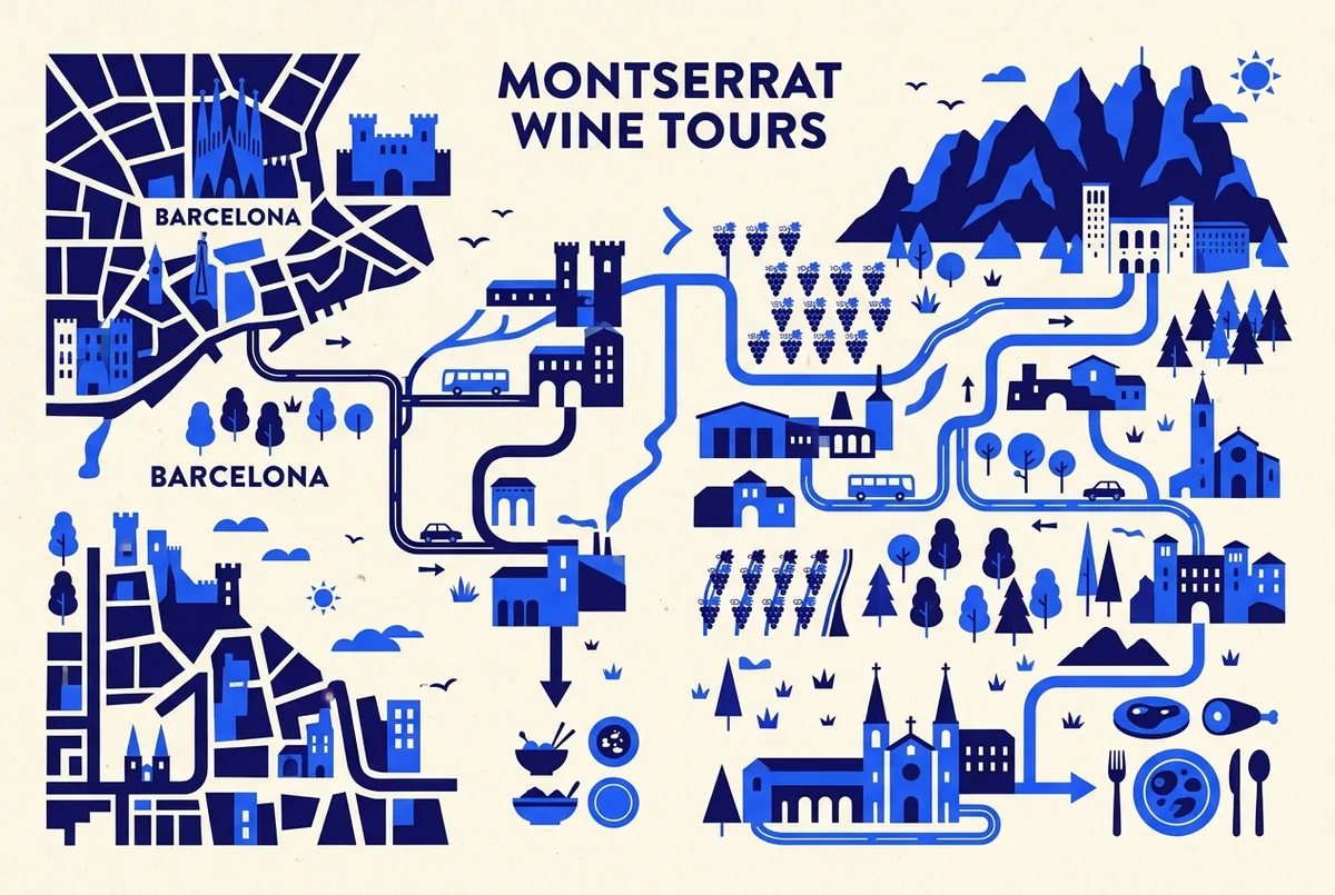 Simple infographic comparing a half-day Montserrat wine tour clock icon against a full-day tour clock icon, with a tapas plate icon on one side and a sit-down meal icon on the other, montserrat wine tour comparison