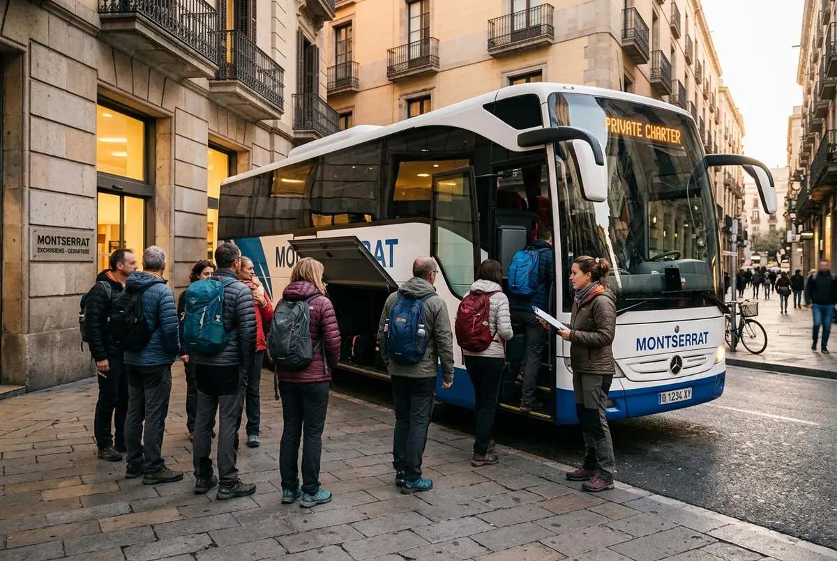 Editorial photo of a small guided group with daypacks boarding a coach outside a Barcelona departure point early in the morning, best montserrat tour companies scene