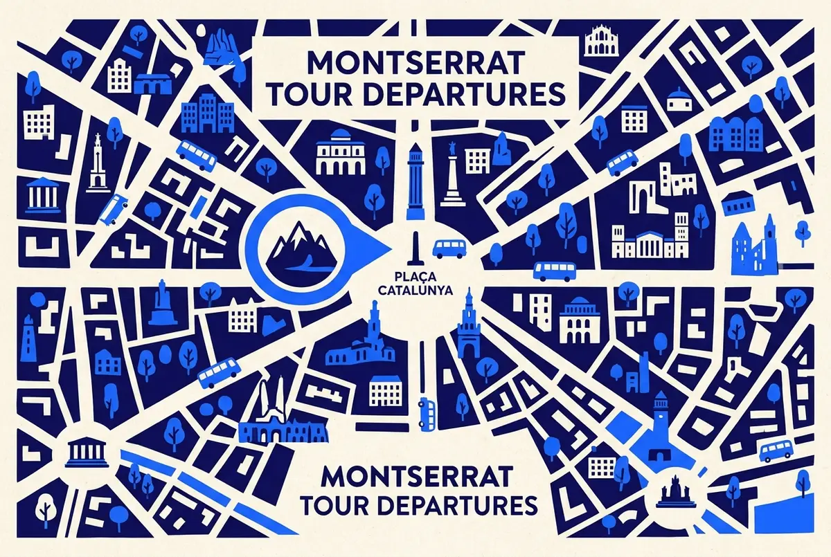 Map-style illustration of central Barcelona marking a tour departure area near Plaça Catalunya with generic labels, best montserrat tour companies departure map