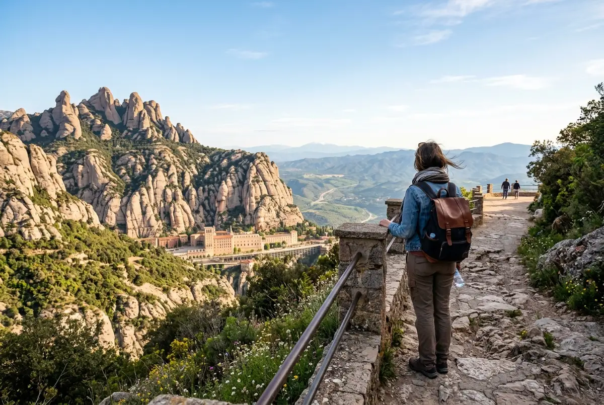 Traveler at a Montserrat viewpoint in soft spring light with clear distant mountain views and few other visitors, best time to visit montserrat weather scene