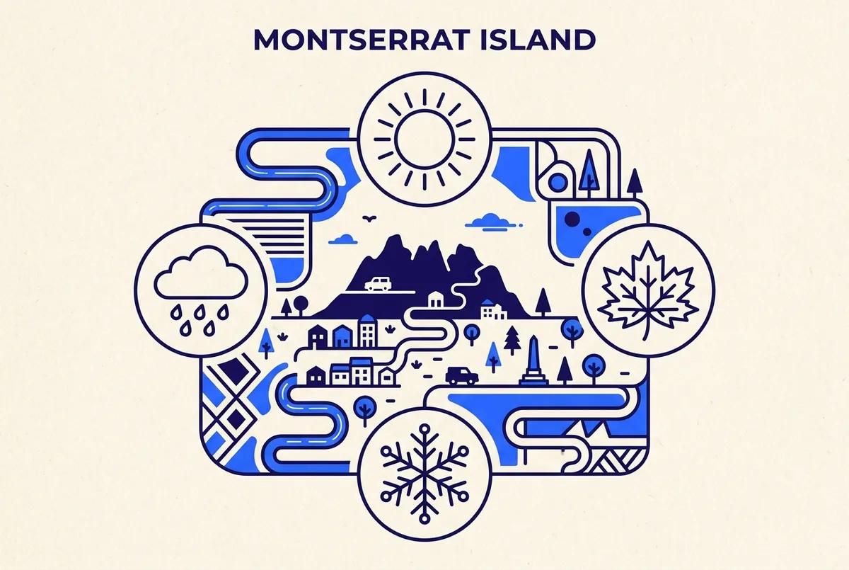 Simple seasonal travel infographic for Montserrat with four generic icons, a sun, a rain cloud, a leaf and a snowflake, arranged around a small mountain silhouette in clean minimal line art, no text statistics, best time to visit montserrat infographic concept