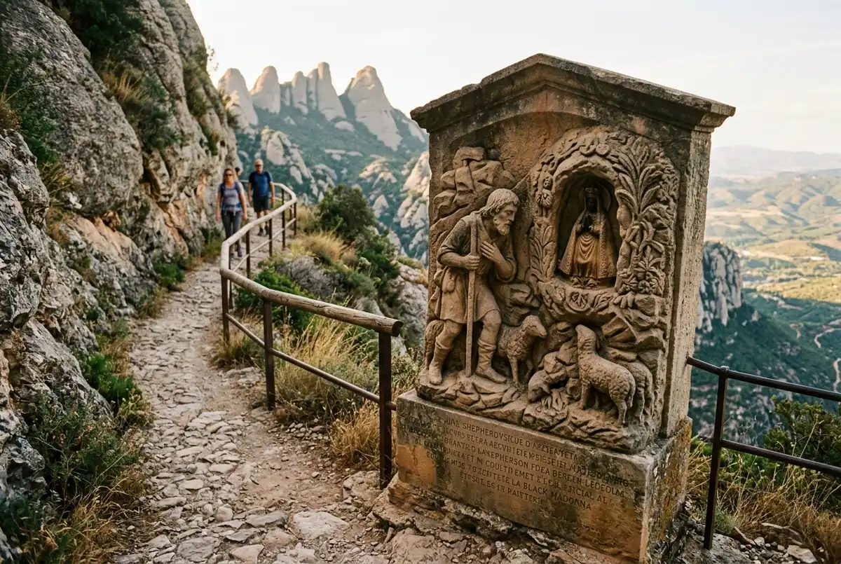 Carved stone sculpture station along a narrow mountainside path depicting a shepherd finding a hidden shrine, soft afternoon light, black madonna montserrat apparition legend path
