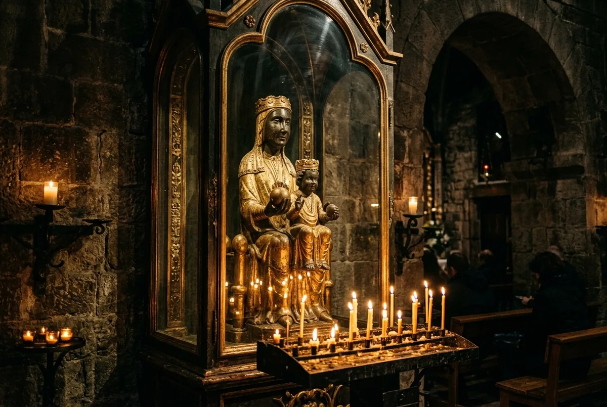 Talla fosca i desgastada d'una marededéu asseguda amb l'infant, il·luminada darrere un vidre en una cambra de pedra penombrosa, llum càlida d'espelmes, santuari de la moreneta de Montserrat