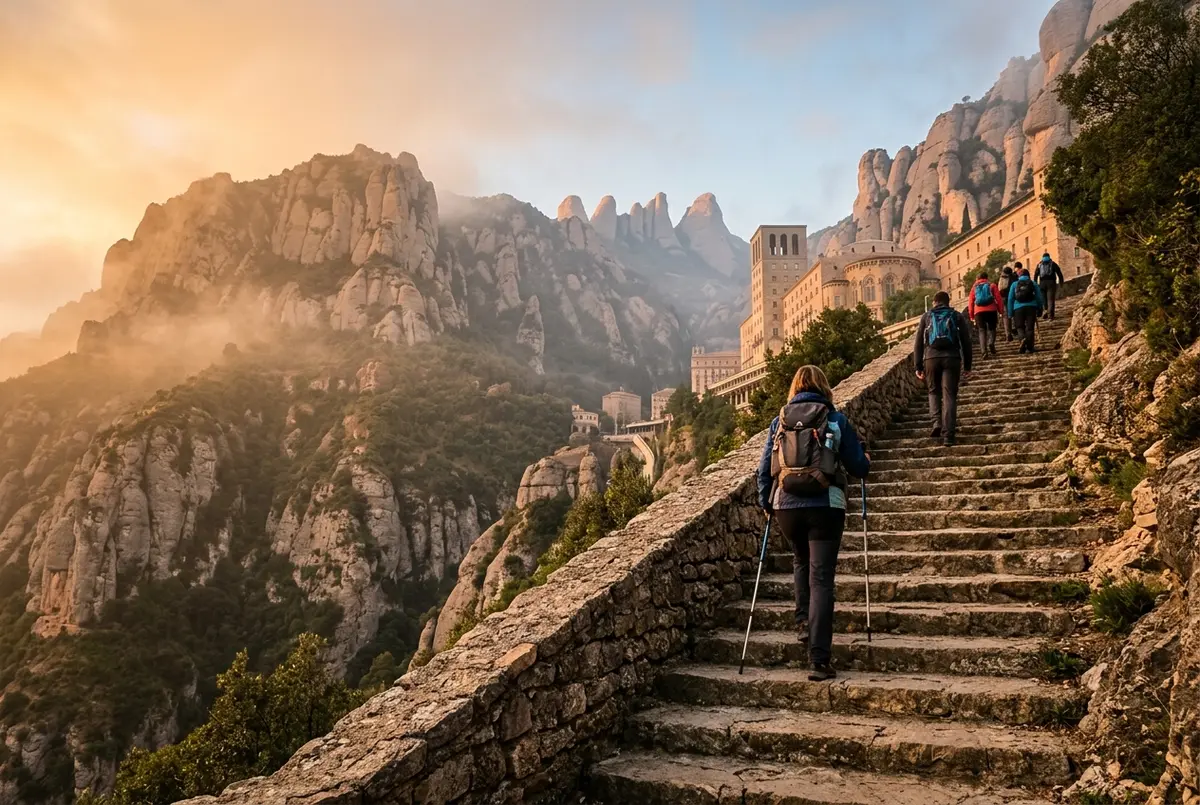 Pilgrims walking up a stone staircase toward the Montserrat basilica at dawn with misty mountain peaks behind them, black madonna montserrat pilgrimage path