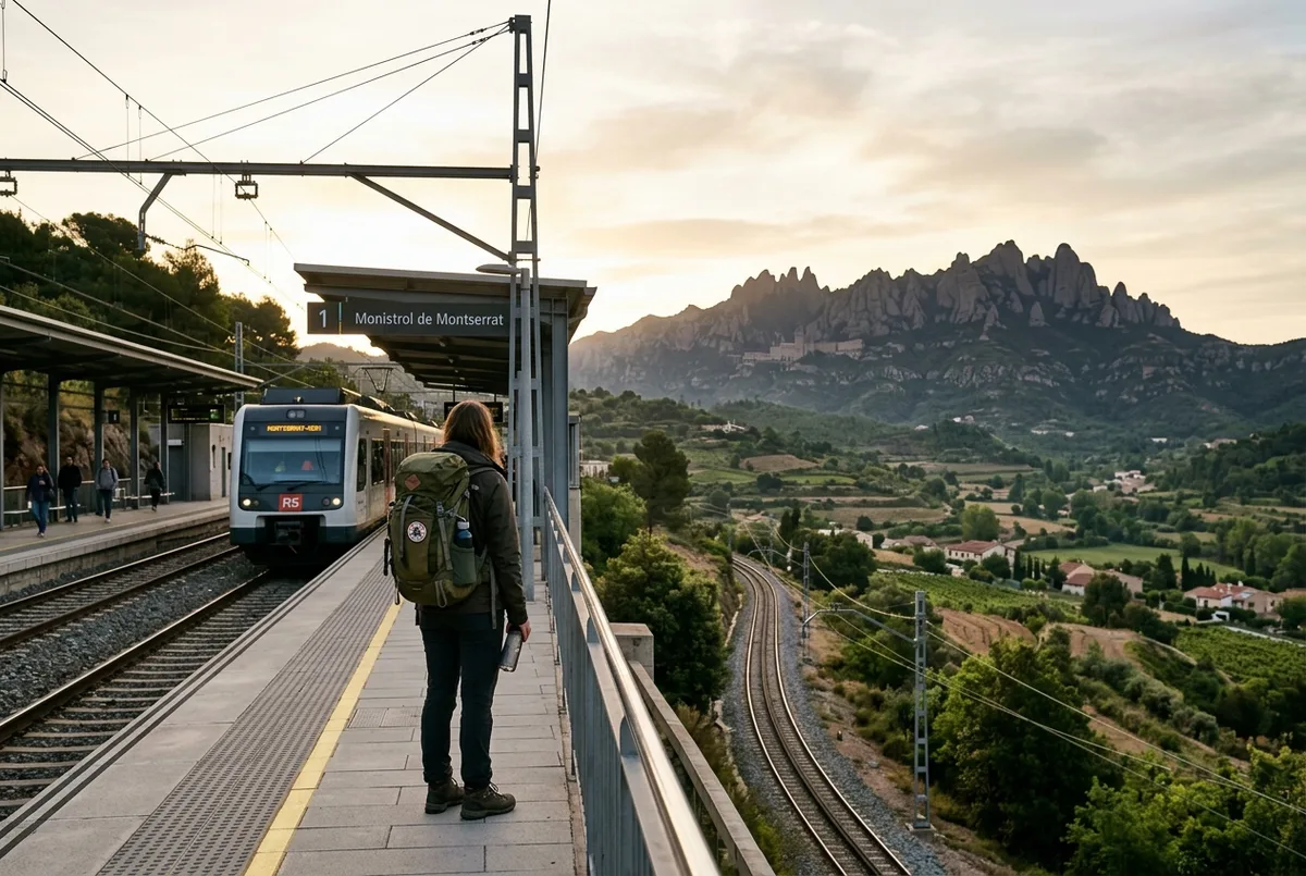 Viaggiatore con zaino che sale su un trenino a cremagliera rosso con il massiccio di Montserrat sullo sfondo in una mattina soleggiata, come arrivare al monastero di montserrat da barcellona