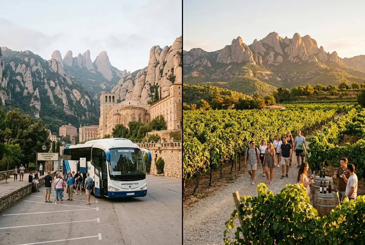 Reisebus parkt am Kloster Montserrat im sanften Morgenlicht neben Weinbergreihen im warmen Nachmittagslicht, montserrat half day tour from barcelona im Vergleich zum Ganztag
