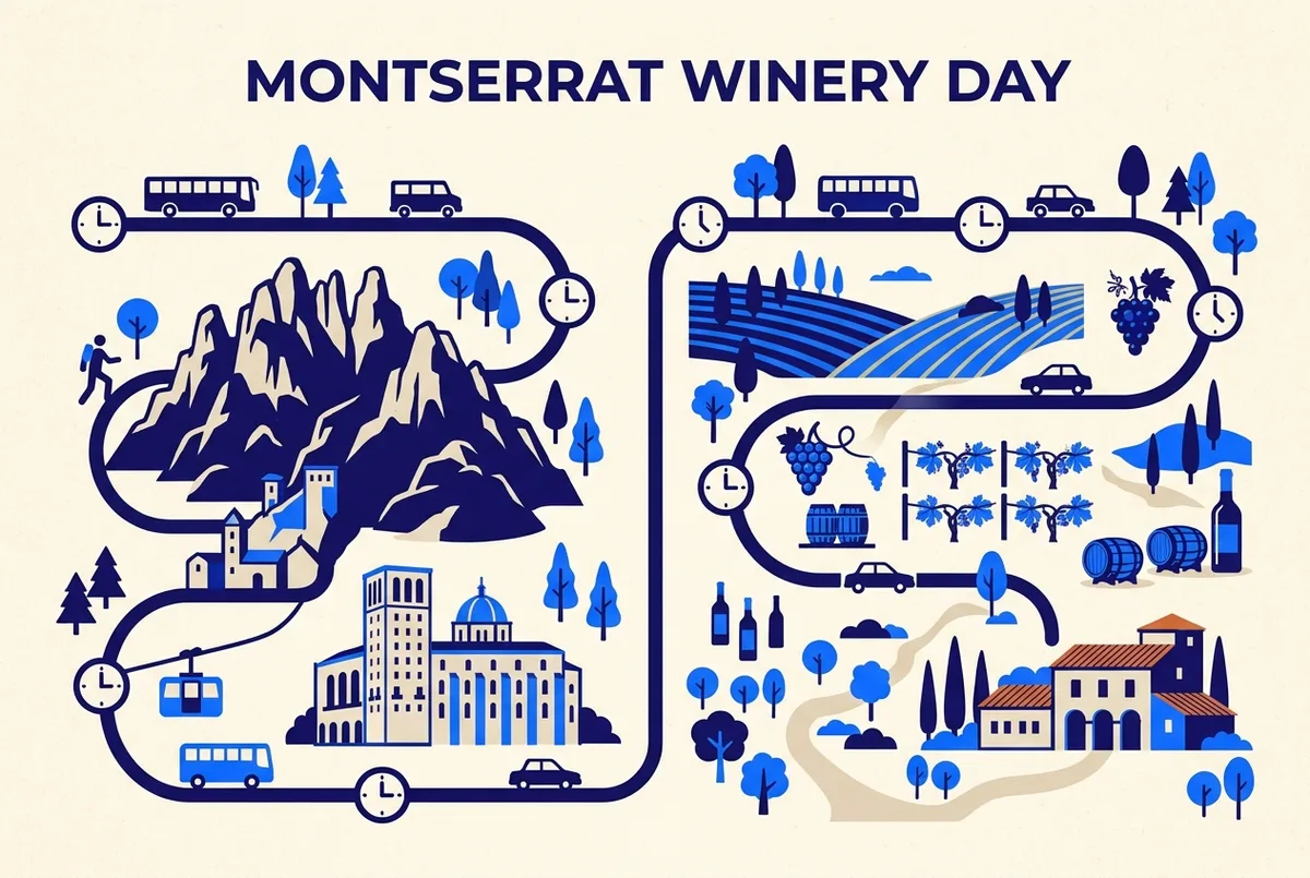 Einfache Vergleichsgrafik zwischen einer Halbtags- und einer Ganztagesroute nach Montserrat mit Symbolen für Kloster, Weingut und Uhrzeit, generische Beschriftungen ohne konkrete Zeiten