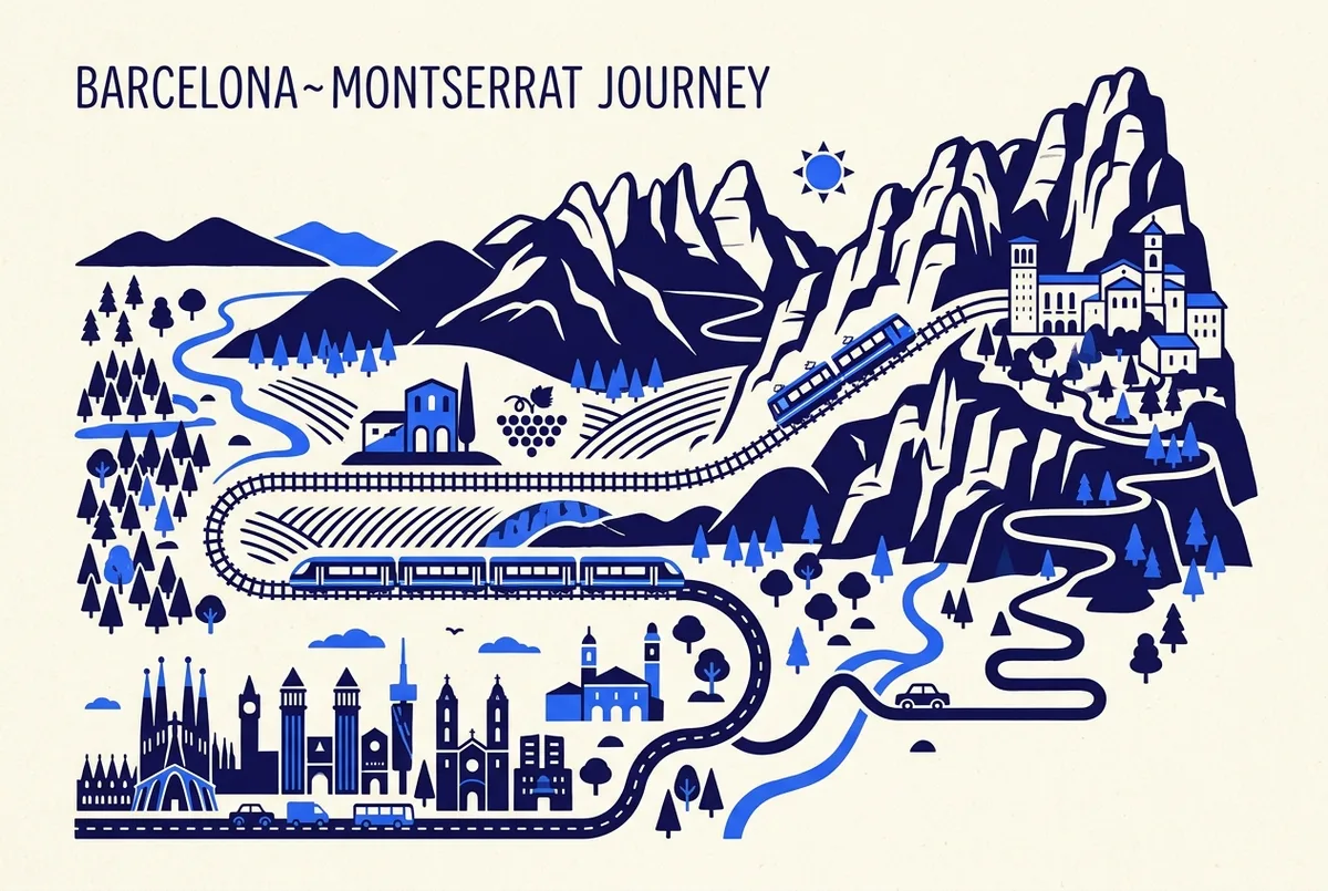 Map of the Montserrat mountain and monastery route from Barcelona with the cogwheel train and winery stop