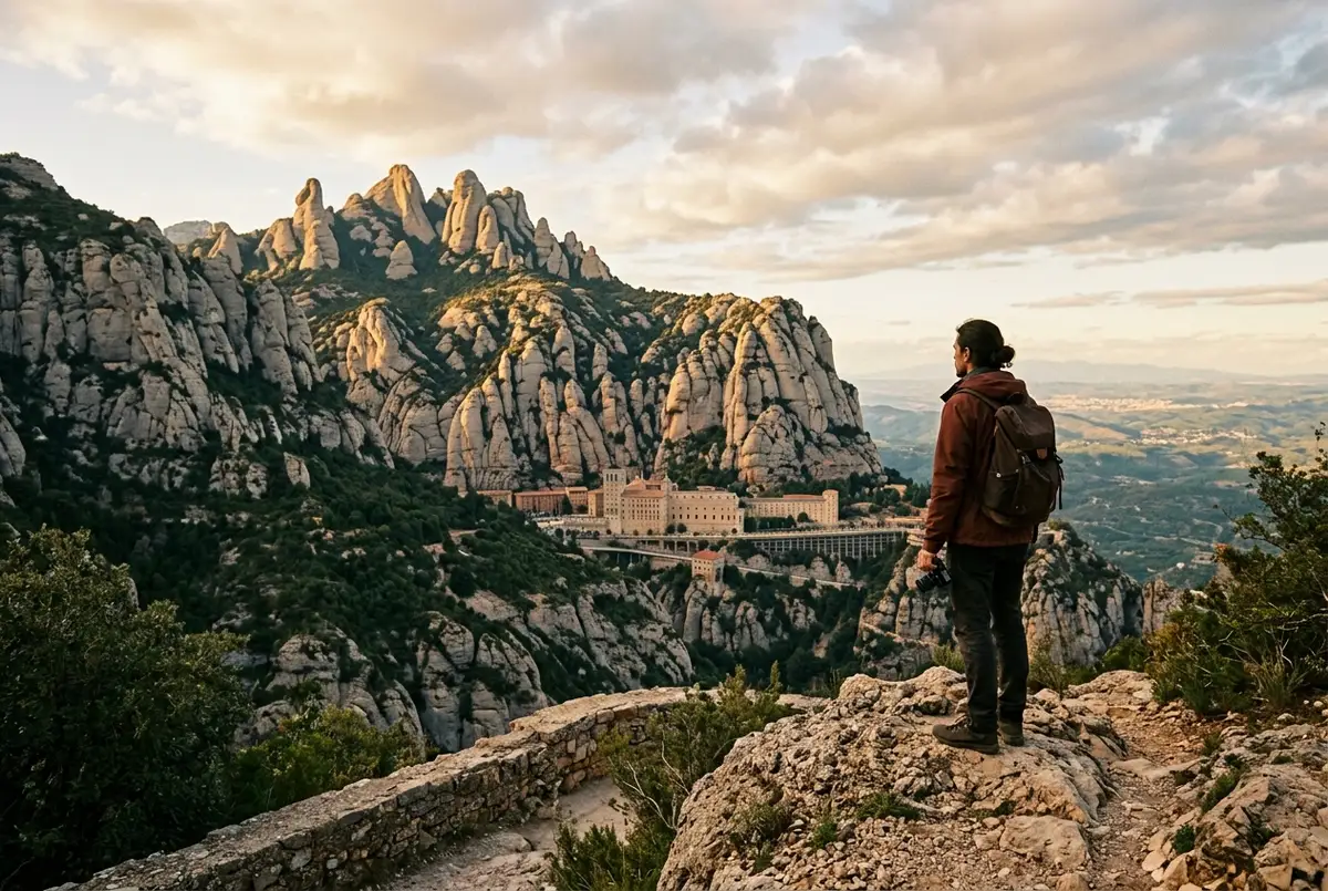 Einzelner Reisender steht an einem Aussichtspunkt mit Blick auf Montserrats zerklüftete Felsgipfel und das Benediktinerkloster darunter, sanfter Morgendunst, lohnt sich montserrat Aussichtsszene