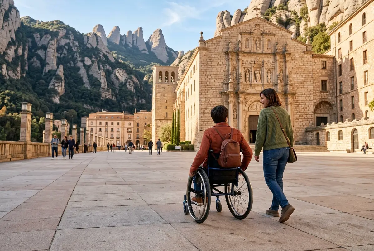 Wheelchair user and companion on a smooth paved plaza outside Montserrat Basilica with the mountain peaks behind, bright midday light, montserrat accessibility step free route