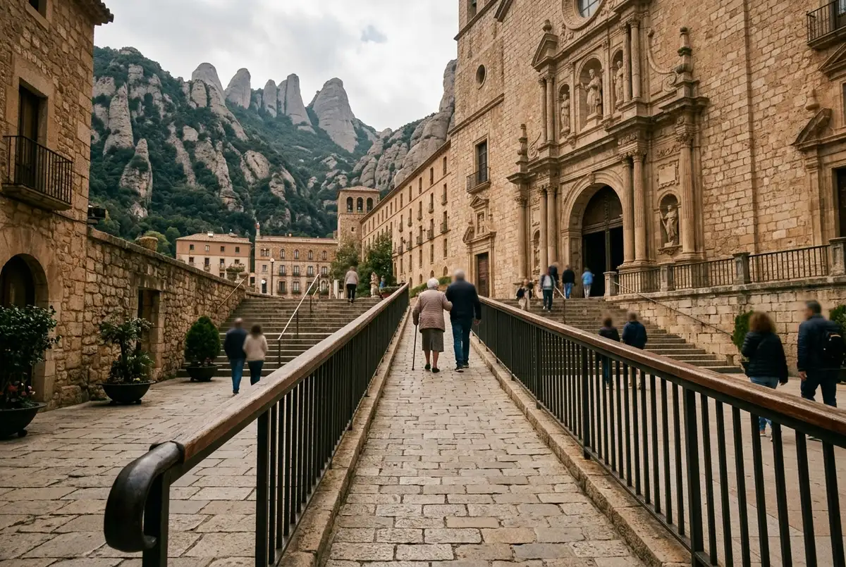 Close up of a paved ramp leading toward Montserrat Basilica's main entrance with handrails, overcast soft daylight, generic montserrat accessibility ramp scene