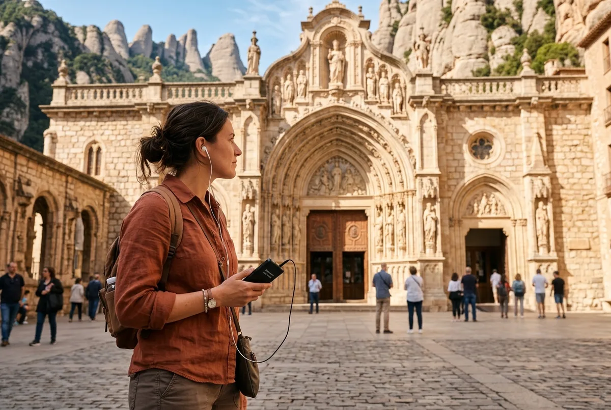 Solo traveler holding a handheld audio guide device outside Montserrat basilica entrance, listening with one earbud in, warm midday light, montserrat audio guide self guided visit