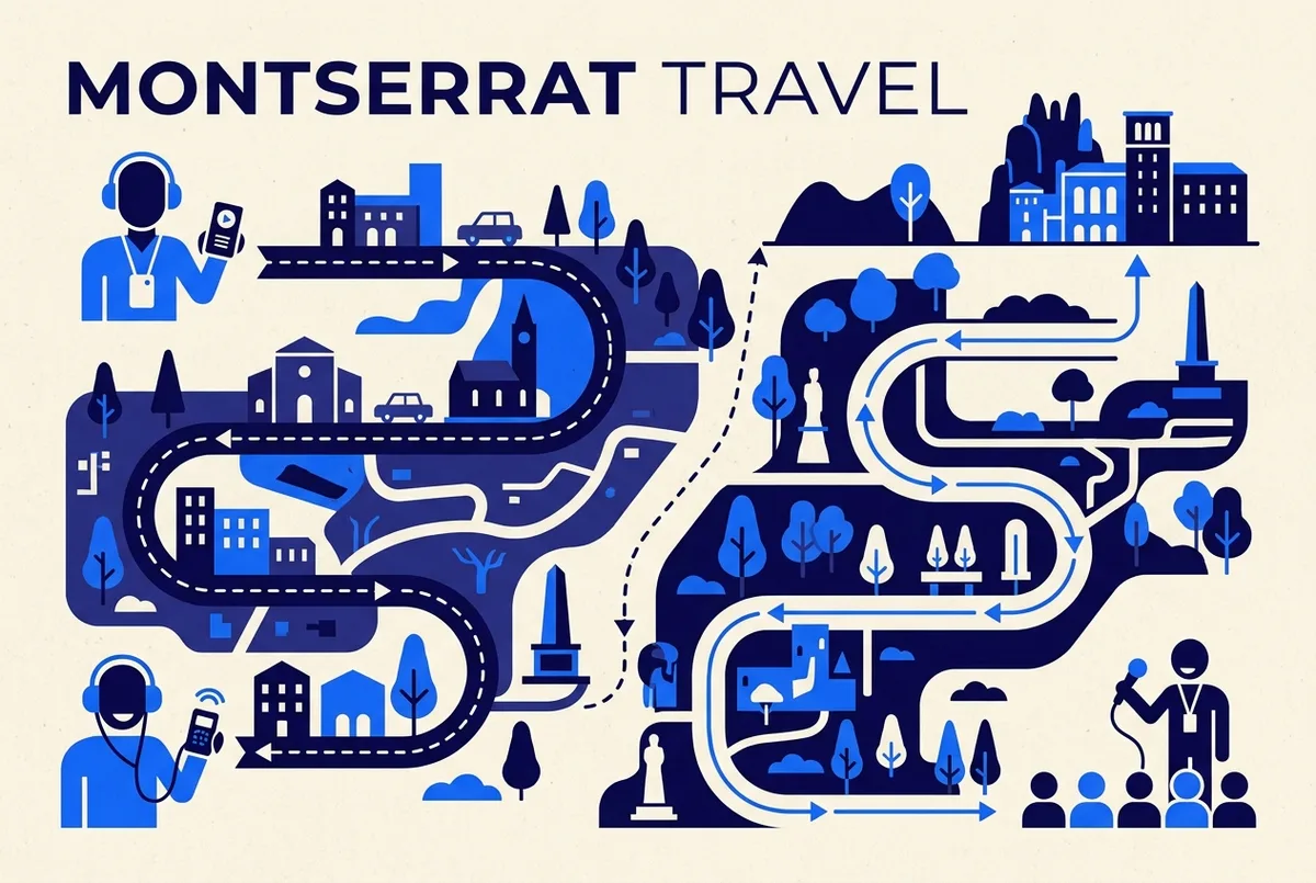 Simple infographic comparing a self-guided montserrat visit path with an audio guide icon against a guided tour path with a guide figure icon, showing the same monastery destination for both