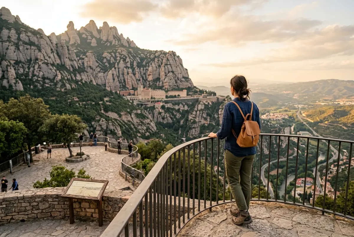 Traveler standing at Mirador dels Apostols overlook with Montserrat's jagged conglomerate peaks rising behind and the valley stretched out below, golden hour light, montserrat best views scene