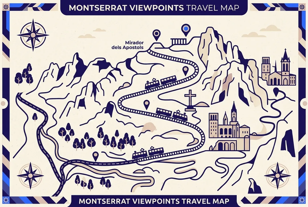 Simple illustrated map of Montserrat's main viewpoints, Mirador dels Apostols, Saint Michael's Cross and the cogwheel train route, labeled with generic icons, clean infographic style, montserrat viewpoints map concept