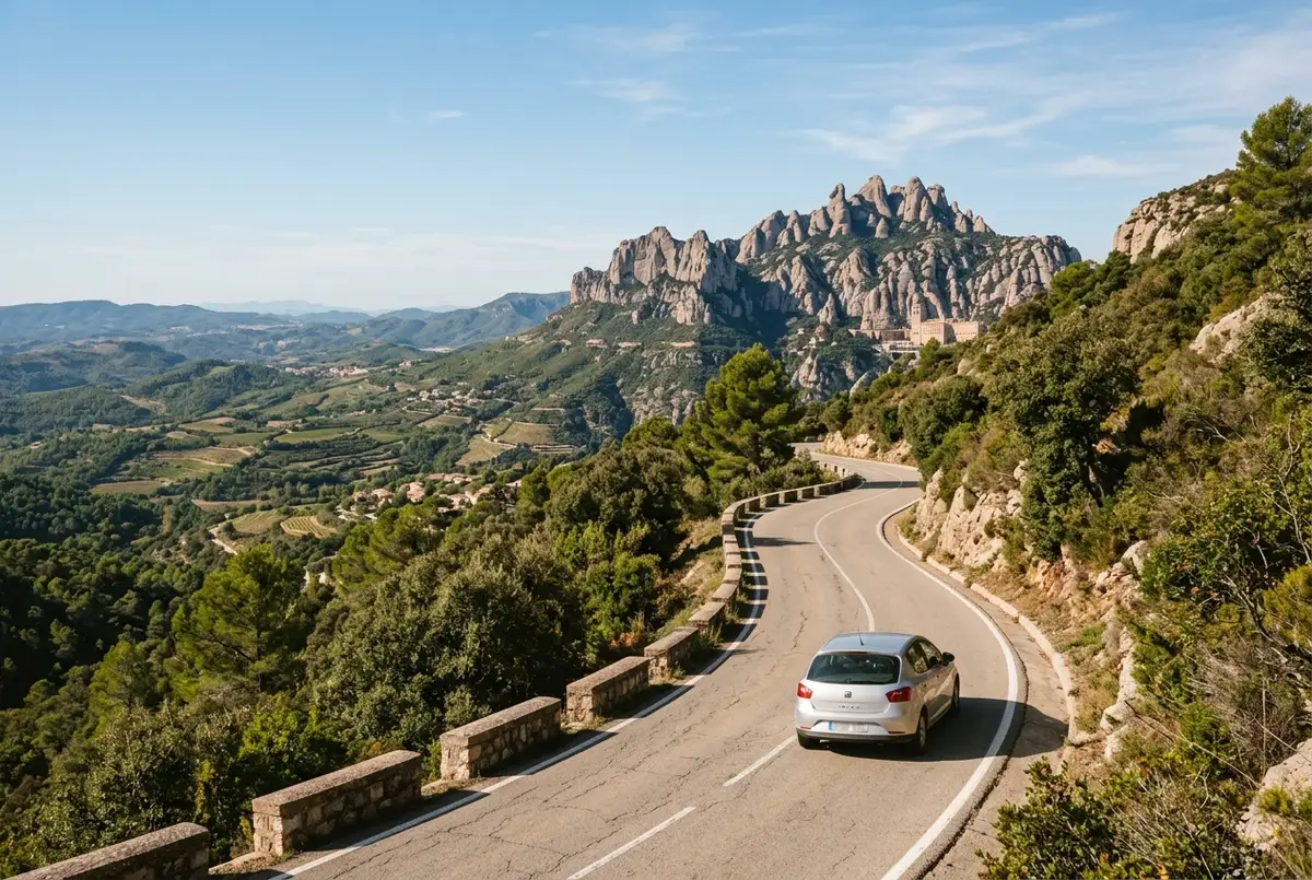 Car driving a winding mountain road toward Montserrat with jagged rock peaks ahead, Catalan countryside visible on both sides in clear daylight