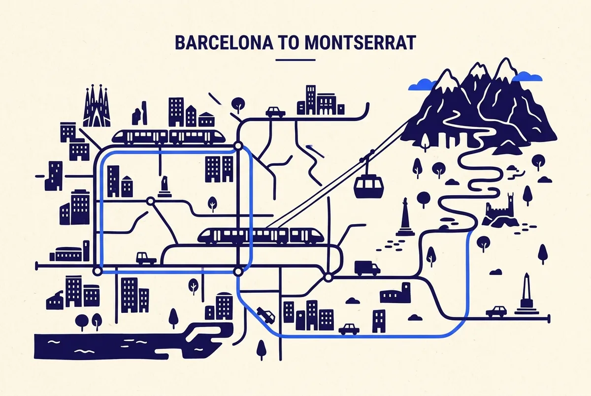 stylized transit map of Barcelona showing local public transport lines for drive from barcelona to montserrat