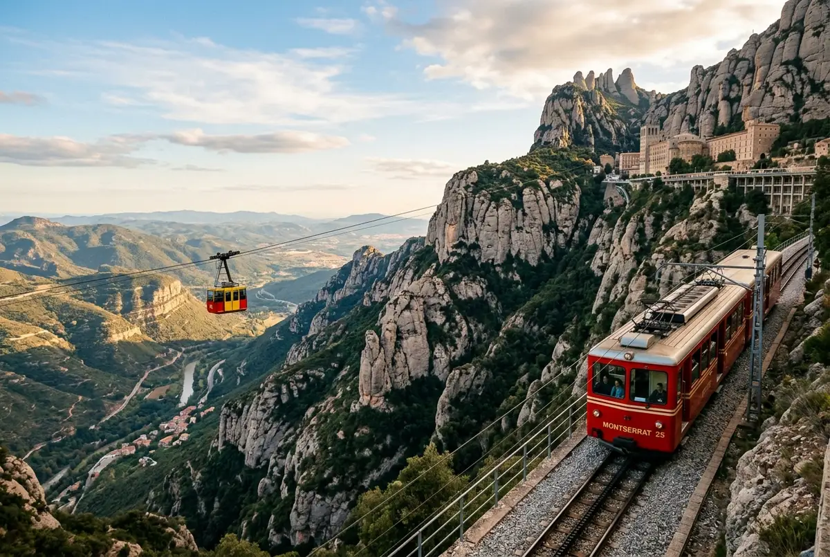 Train rouge à crémaillère grimpant une voie ferrée à crémaillère vers le monastère de Montserrat, avec une cabine de téléphérique visible traversant la vallée en contrebas