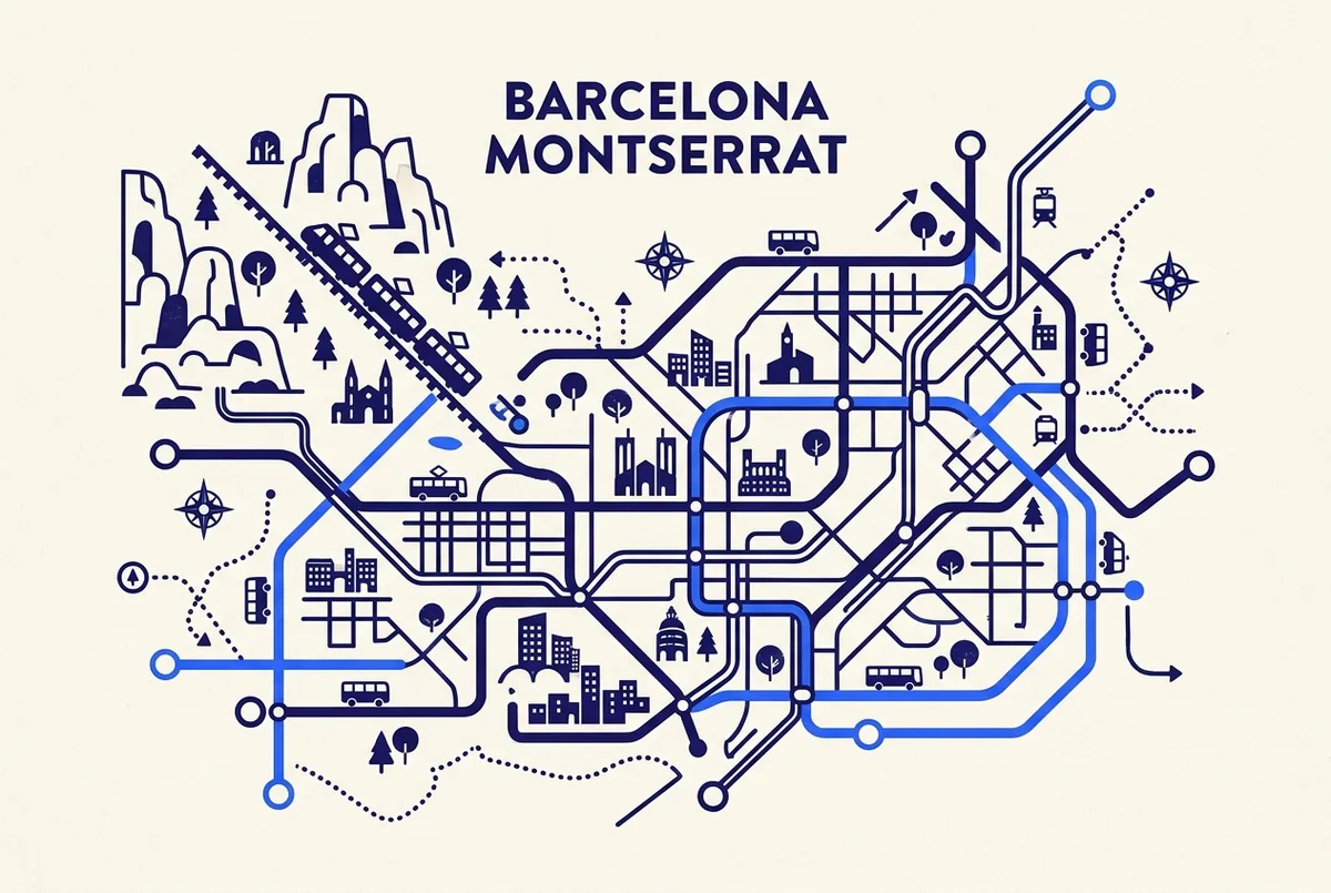 stylized transit map of Barcelona showing local public transport lines for cogwheel train montserrat
