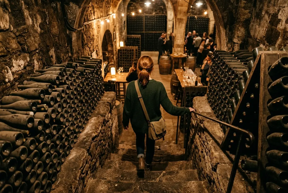 Traveler descending stone cellar steps lined with aging cava bottles in the Penedes wine region near Montserrat, warm cellar lighting, montserrat cava tour tasting scene