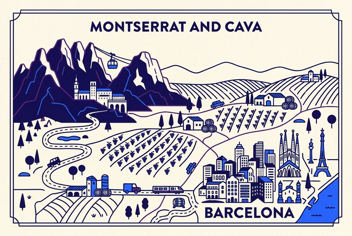 illustrated map of Barcelona highlights for Montserrat and Cava: Visiting the Penedes Wineries Nearby, montserrat cava tour