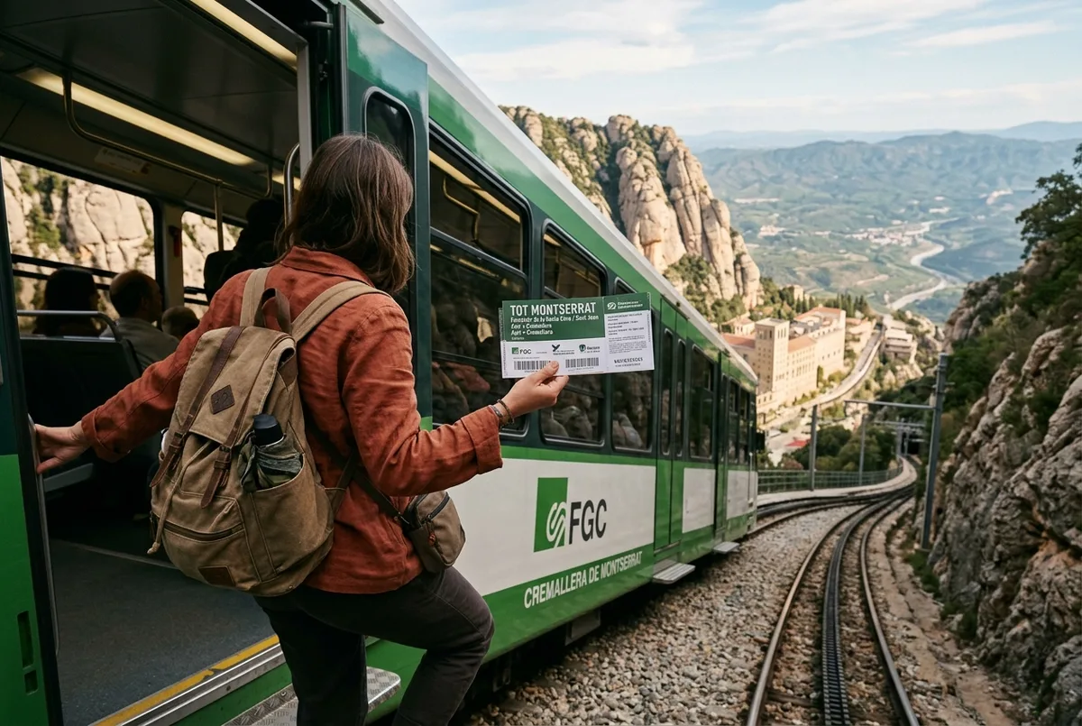 Voyageuse tenant le voucher du billet combiné Tot Montserrat en montant dans une voiture de train à crémaillère grimpant vers le monastère, vallée de montagne visible en contrebas