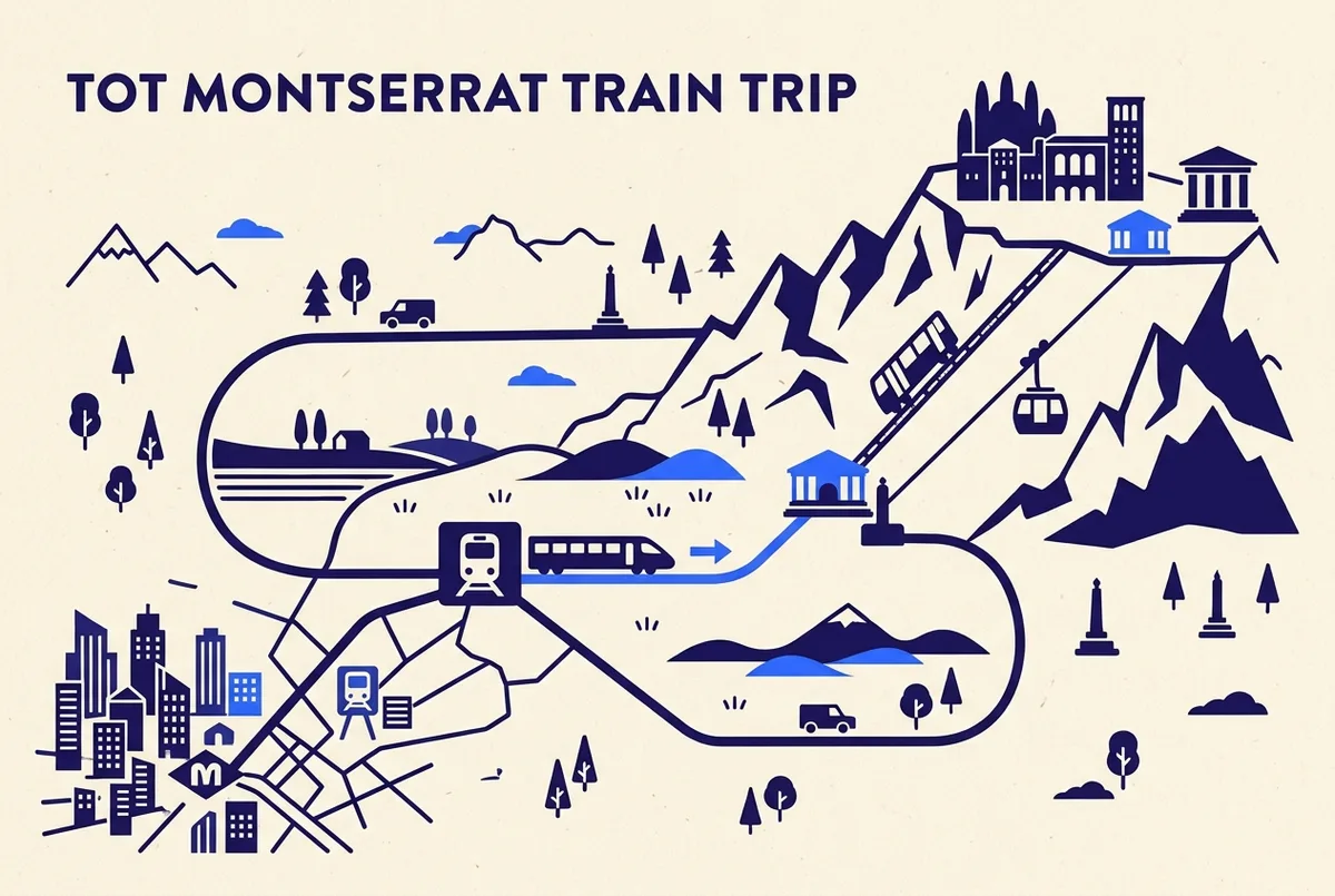 Infographie simple de l'itinéraire montrant les étapes incluses dans le billet Tot Montserrat dans l'ordre : métro de Barcelone, train régional jusqu'à Monistrol, crémaillère ou téléphérique, et le Museu de Montserrat en haut de la montagne