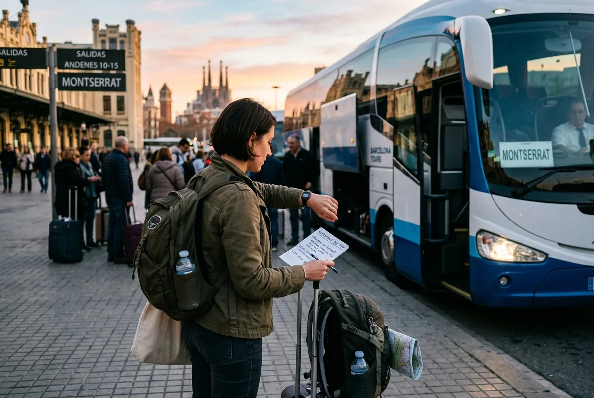 Reiziger kijkt op haar horloge bij het station van de tandradbaan terwijl de trein aankomt in vroeg ochtendlicht, montserrat dagtocht hoeveel tijd planning