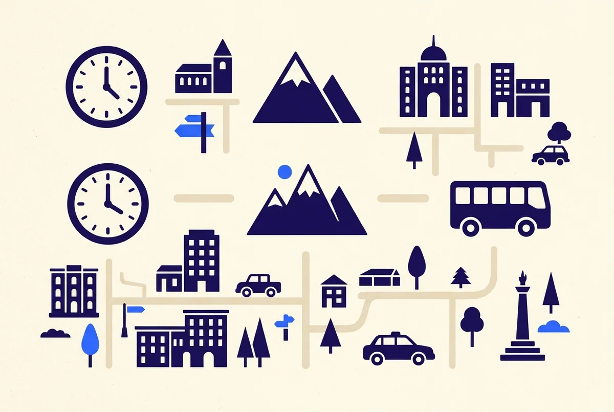 Simple hour-by-hour itinerary infographic with a clock icon, a mountain icon and a bus icon arranged in sequence, no text statistics, montserrat day trip schedule infographic concept