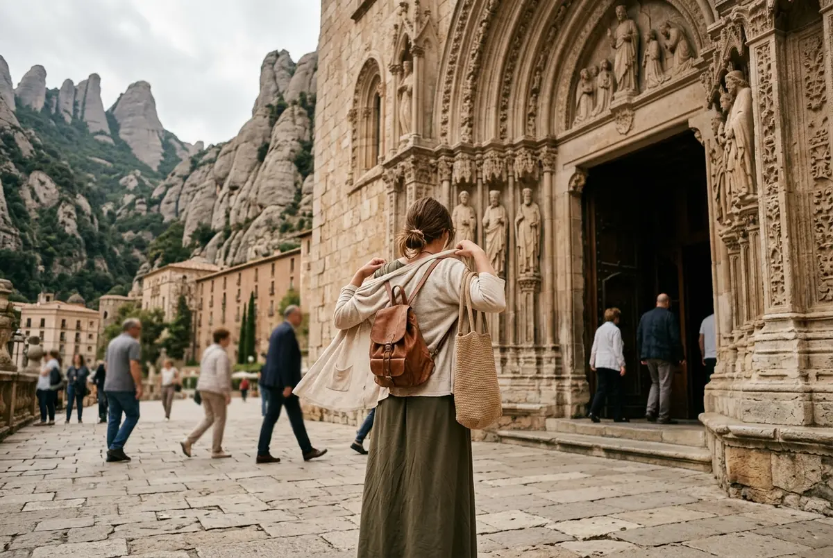 Voyageur enfilant une veste légère par-dessus une tenue d'été devant la façade de la basilique de Montserrat, lumière douce de fin de matinée, scène illustrant le code vestimentaire à Montserrat