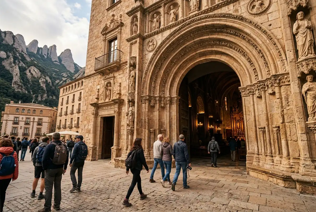 Visitors walking through the open stone archway into Montserrat Basilica's courtyard at midday, soft mountain light, montserrat monastery entrance fee free basilica access