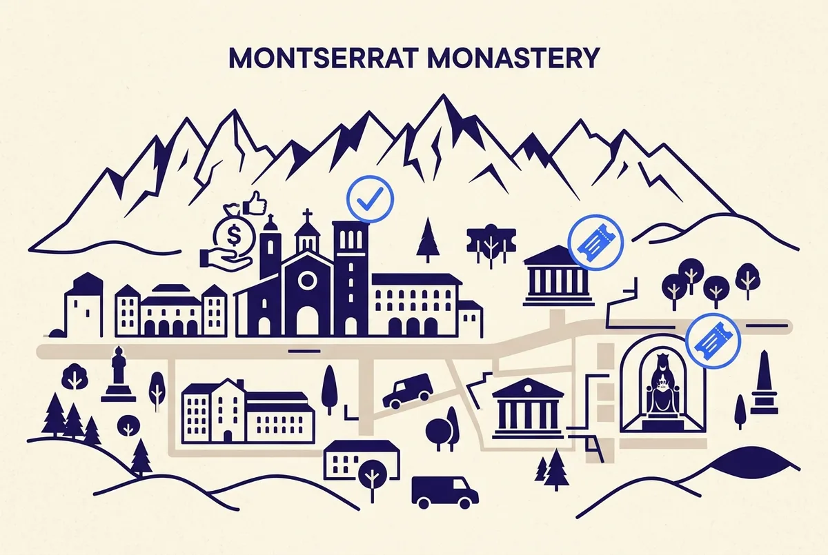 Simple diagram of the Montserrat monastery complex marking the Basilica as free entry and the museum building and Black Madonna chamber as paid areas, clean icon style with a church and a ticket symbol