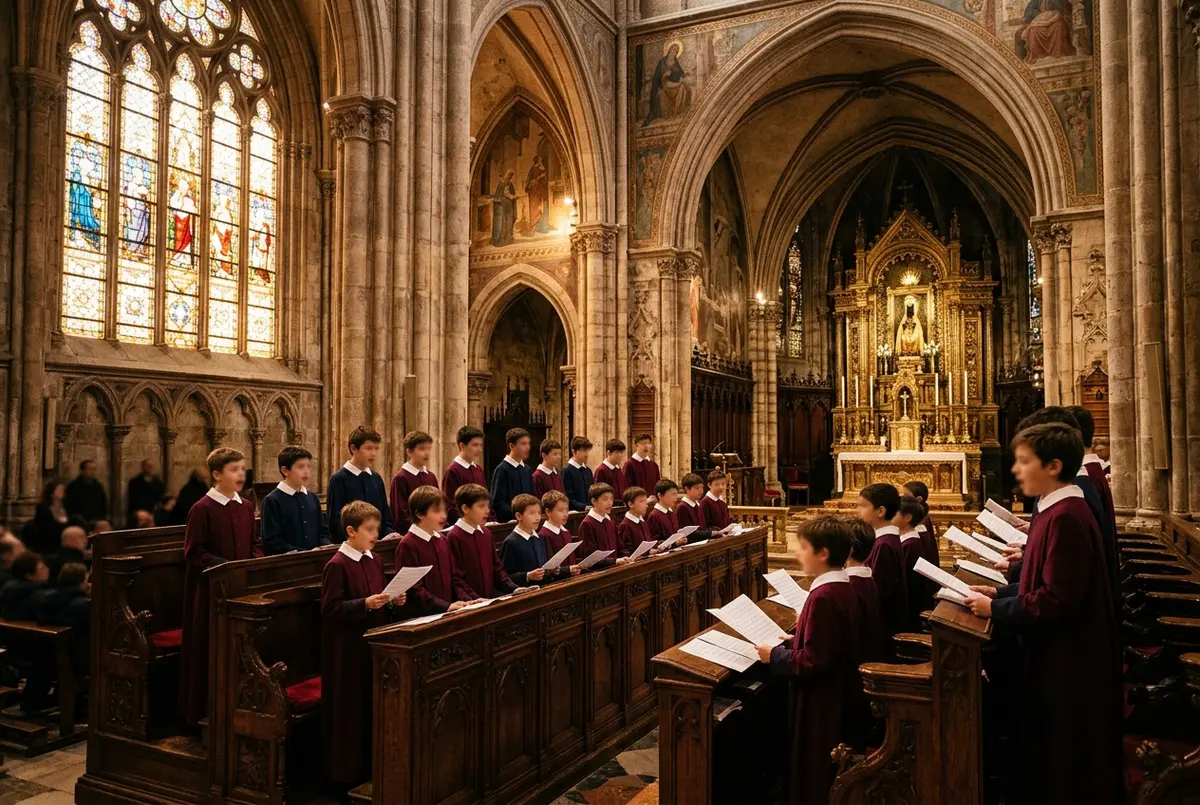 Knabenchor der Escolania de Montserrat in traditionellen roten Roben singt in der Basilika von Montserrat, warmes Kerzenlicht, escolania de montserrat Auftritt