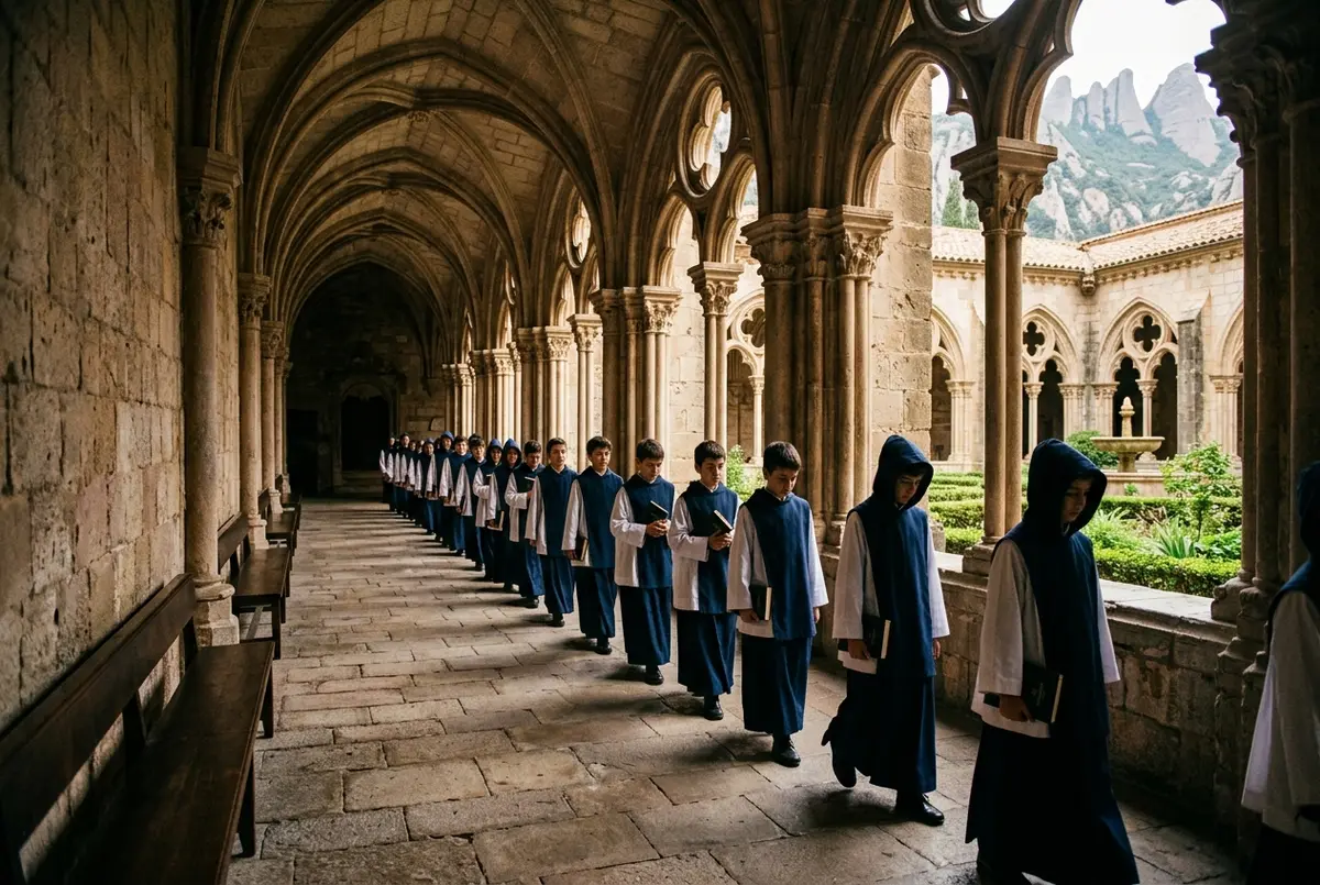 Infografik mit vereinfachtem Tagesablauf der Escolania de Montserrat, Stationen Schule, Probe, Auftritt in der Basilika, nur mit generischen Symbolen und Uhrzeiten