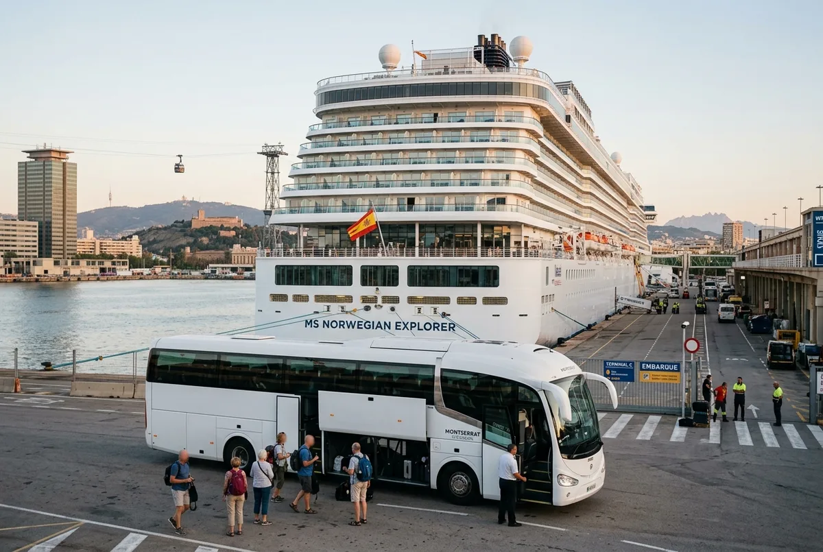 Cruise ship docked at Barcelona port with a coach waiting nearby to depart for the mountains, early morning light, montserrat cruise excursion scene