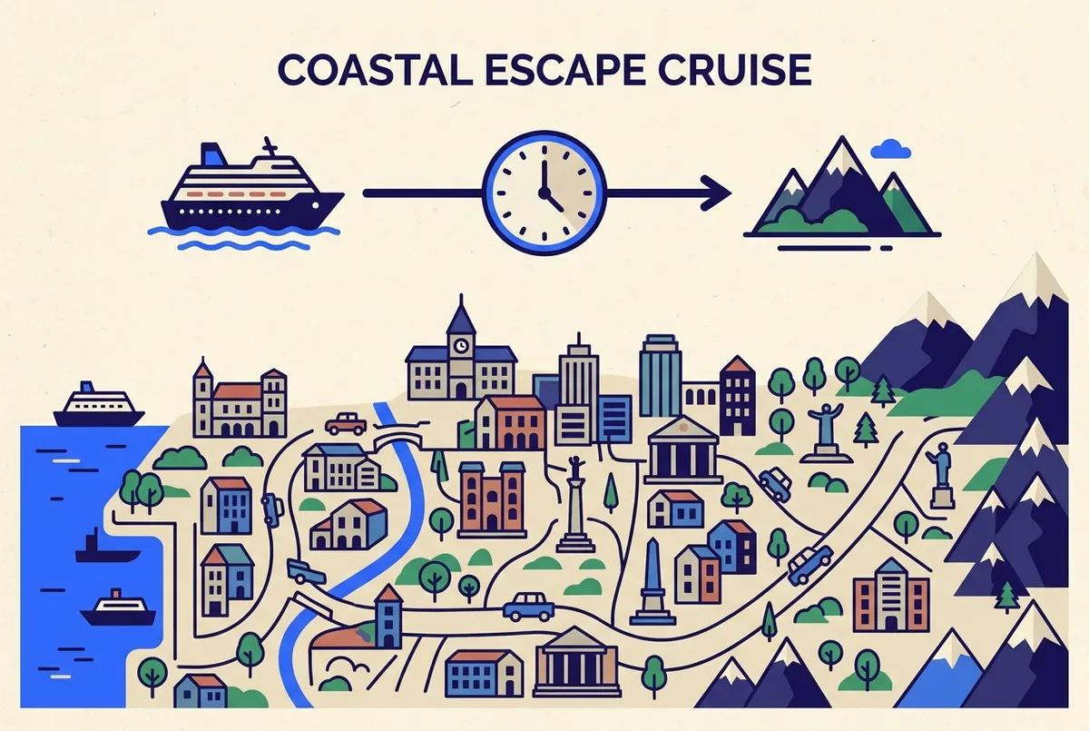 Simple time-budget infographic with a ship icon, a clock icon and a mountain icon connected by an arrow, no text statistics, montserrat cruise excursion time infographic concept