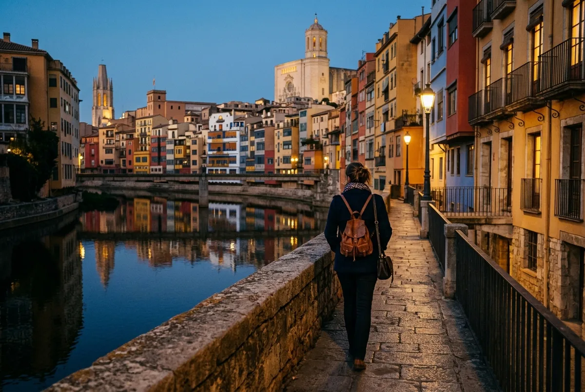 Rue pavée de la vieille ville de Gérone éclairée par des lampadaires au crépuscule, reflets sur la rivière Onyar, ambiance calme illustrant le séjour montserrat girona costa brava 2 jours après le départ des visiteurs d'un jour