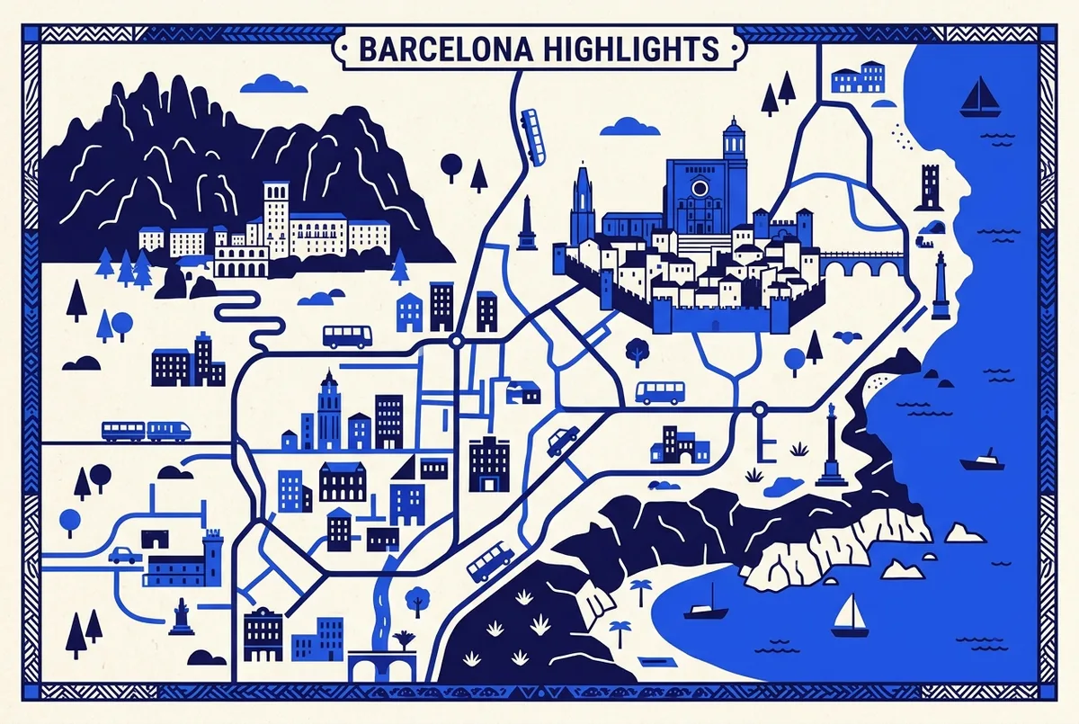 illustrated map of Barcelona highlights for Montserrat, Gérone et la Costa Brava en 2 jours, montserrat girona costa brava 2 jours