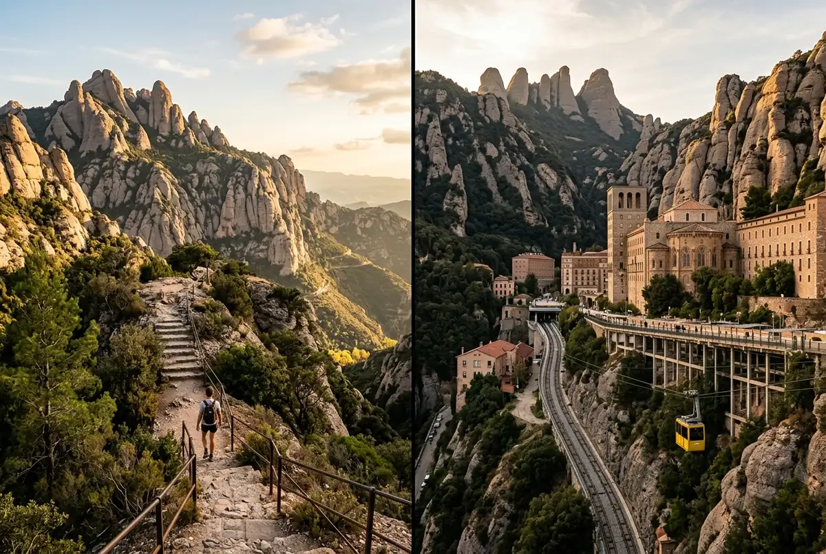 Split scene of Montserrat's mountain monastery on one side and Girona's colorful riverside houses on the other, connected by a winding road, soft daylight, montserrat girona day trip scene
