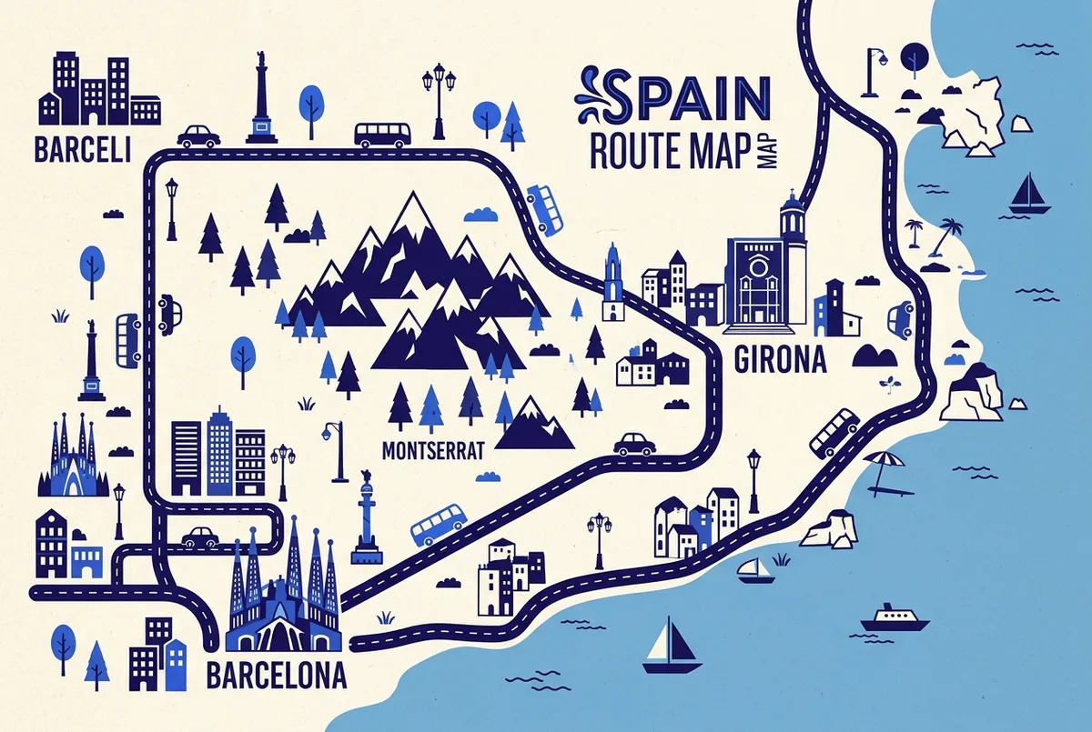 Map style illustration showing the road route from Barcelona through Montserrat to Girona and on to the Costa Brava coast, labeled with generic place icons, clean infographic style, montserrat girona day trip route map