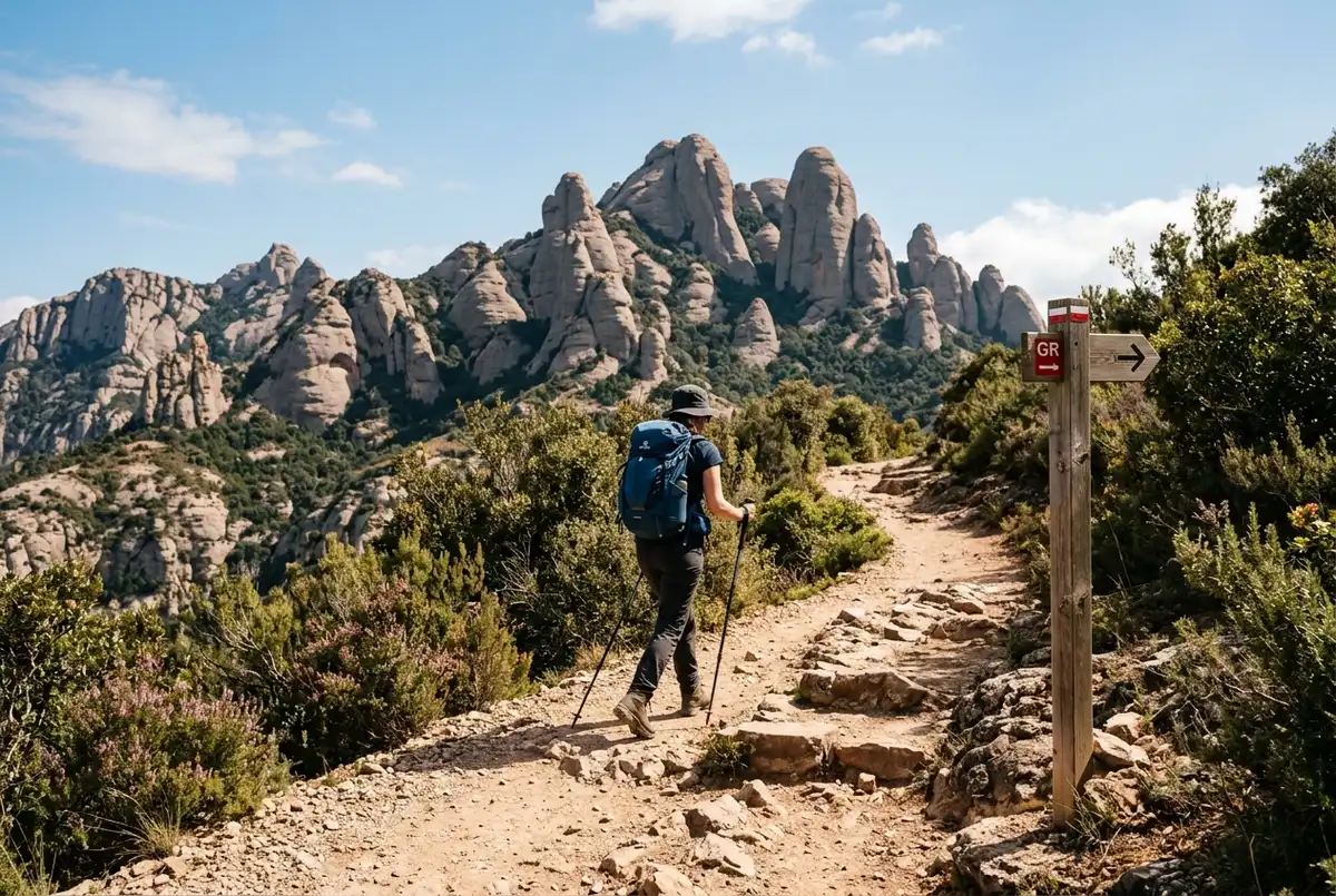 Hiker on a marked dirt trail through Montserrat National Park with jagged rock pinnacles rising behind, bright midday light, montserrat hiking trail scene