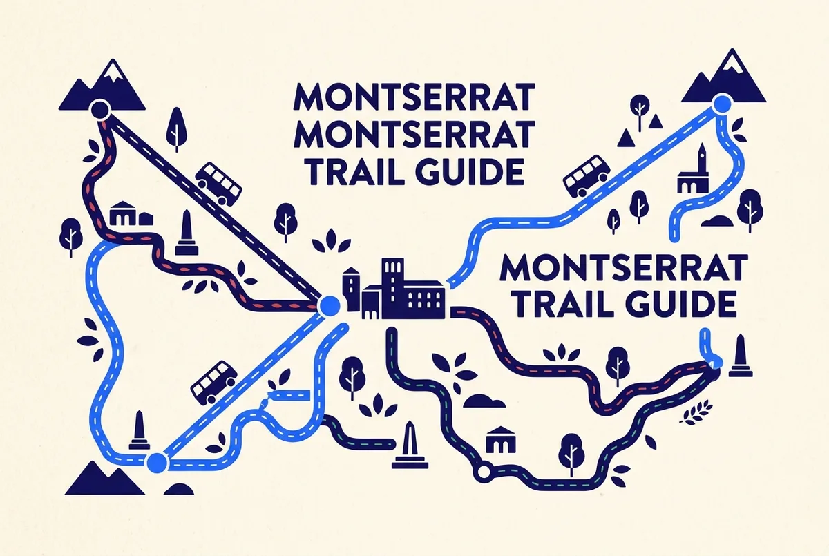 Map style illustration of Montserrat's main marked trails from the monastery and the Sant Joan and Santa Cova funicular stations, labeled difficulty levels, clean infographic style, montserrat hiking trail map