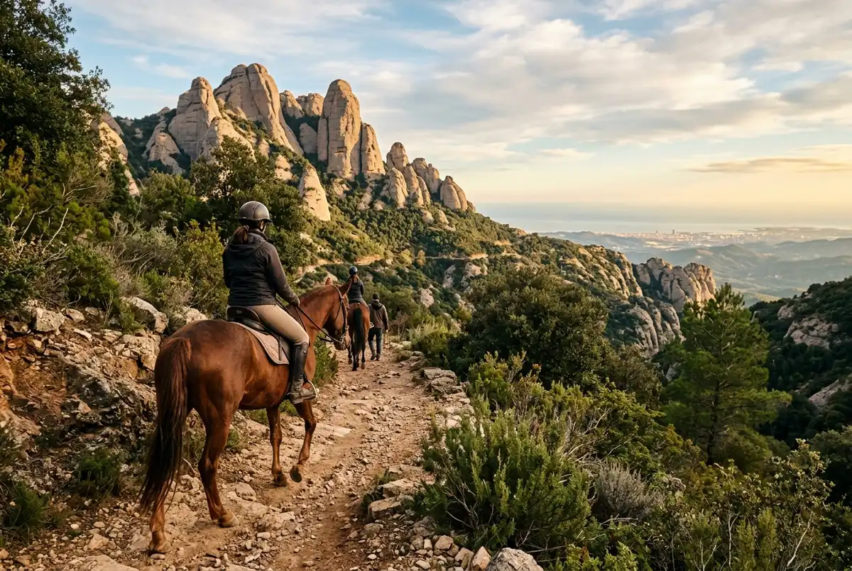 Rider on horseback along a mountain trail in Montserrat National Park with jagged peaks and Mediterranean views in the distance, warm afternoon light, montserrat horseback riding tour