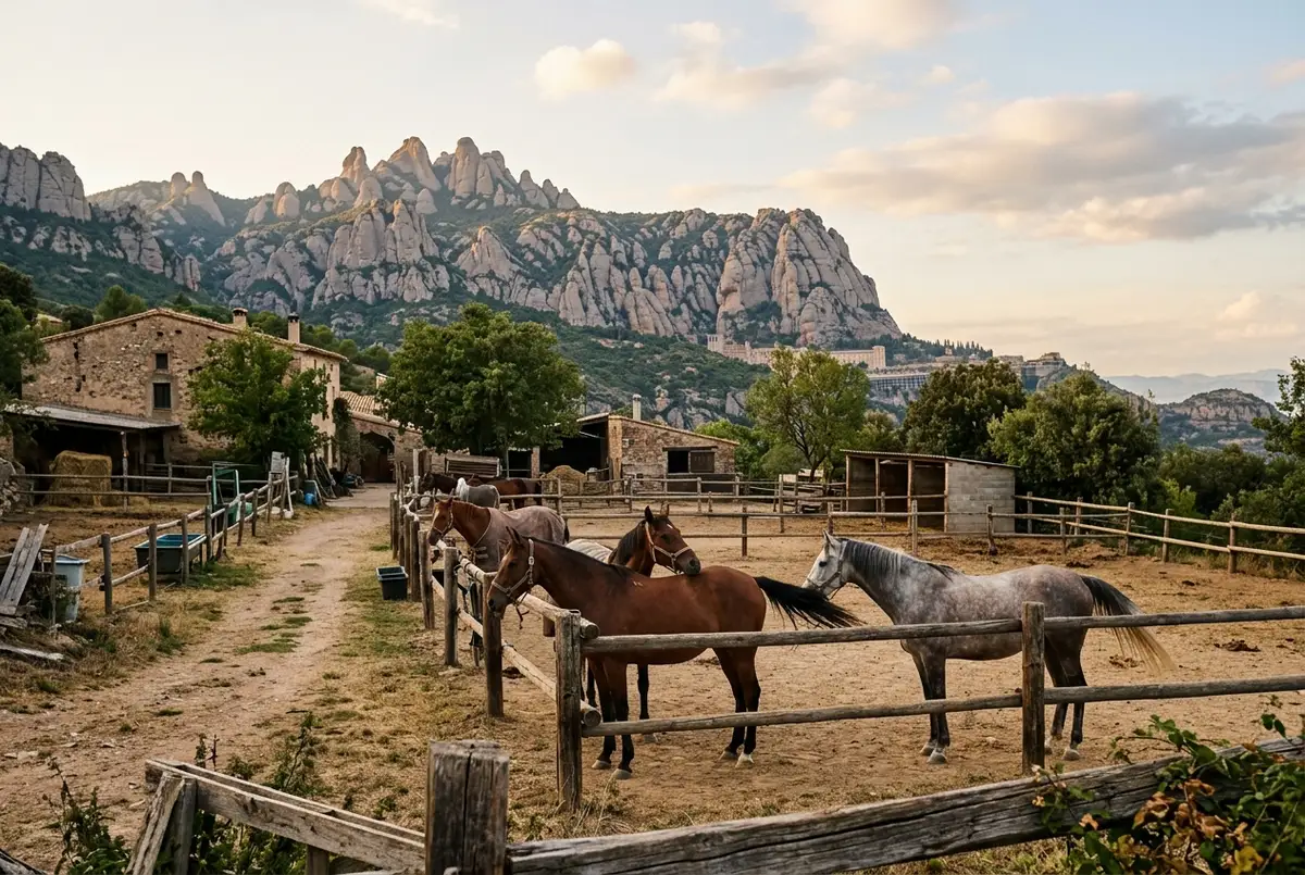 Horses resting at a local ranch near Montserrat with the mountain's rock peaks visible behind, soft late afternoon light, generic montserrat national park ranch scene