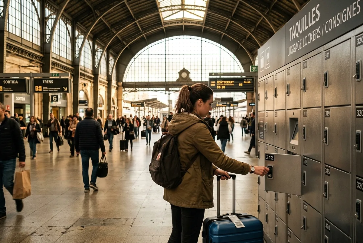 Traveler locking a wheeled suitcase into a self-service luggage locker inside a busy Barcelona train station concourse, morning light through overhead windows, before heading out on a Montserrat day trip