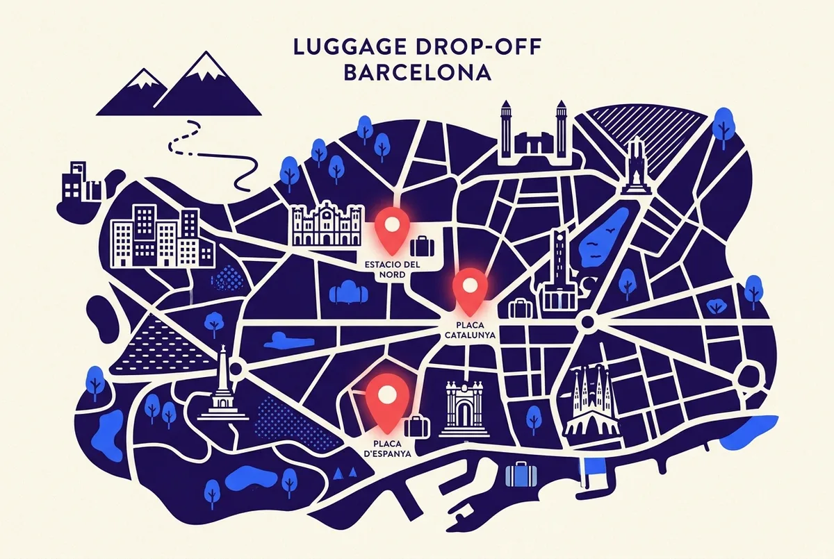 Simple map of central Barcelona marking luggage storage locations near Estacio del Nord, Placa Catalunya and Placa d'Espanya for Montserrat day-trip travelers