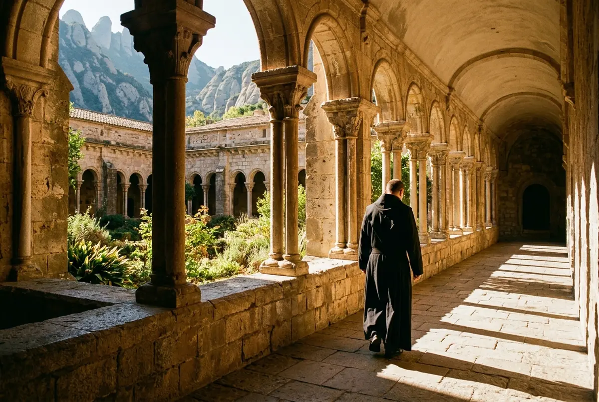 Benedictine monk in dark robes walking alone through a sunlit stone cloister, long shadows, montserrat monks daily life at the monastery