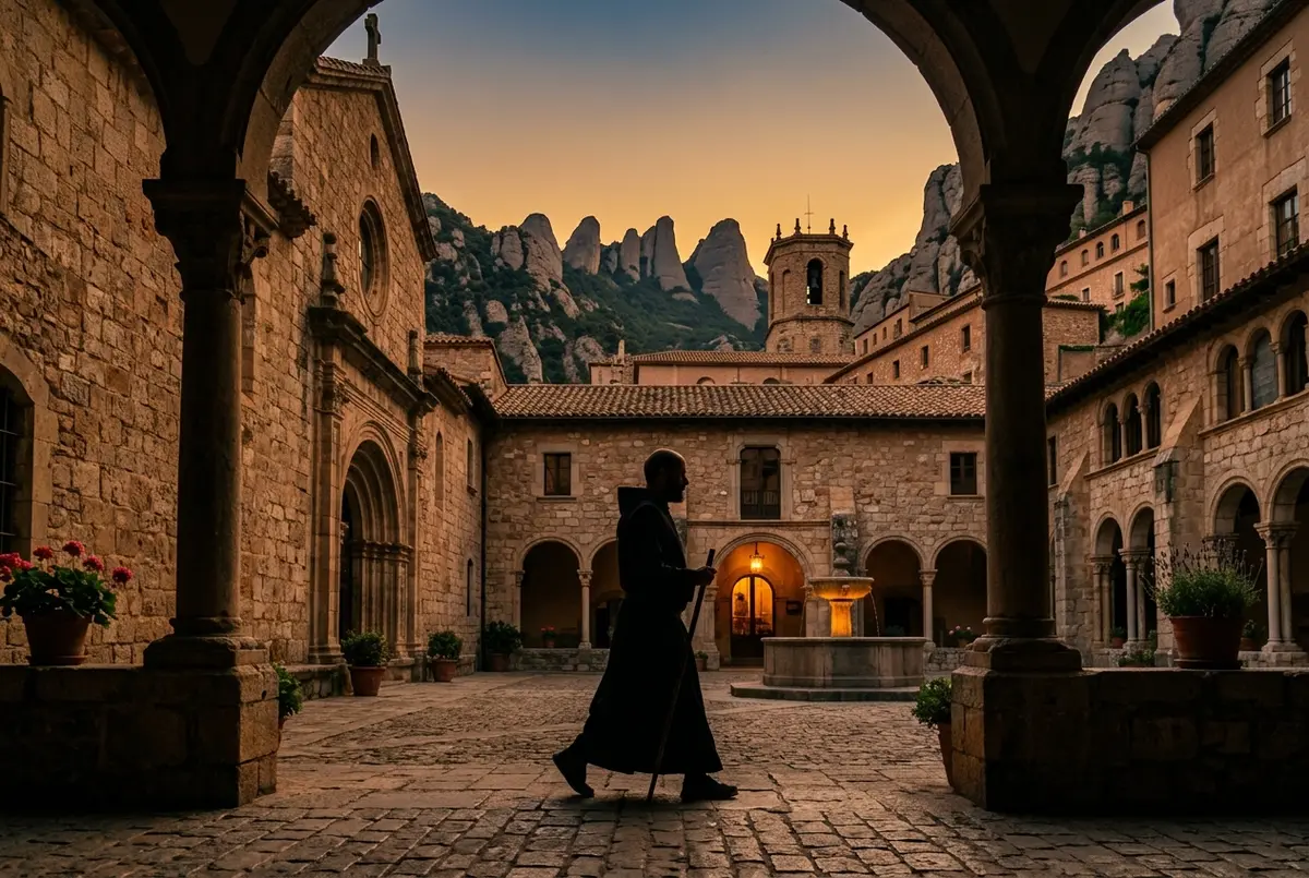 Monastery courtyard with a lone monk crossing in silhouette against warm evening light, mountain peaks visible beyond the rooftops, montserrat monks working monastery at dusk