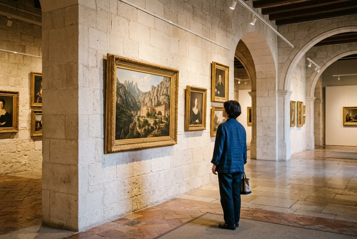 Visitatore che osserva con attenzione un dipinto incorniciato in una sala museale luminosa e minimalista, luce naturale da un lucernario, museo di montserrat cosa vedere